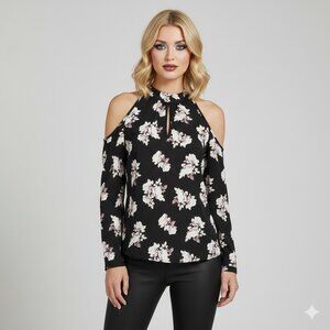 Black and Lilac Floral Cold Shoulder Blouse